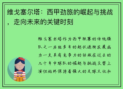 维戈塞尔塔：西甲劲旅的崛起与挑战，走向未来的关键时刻