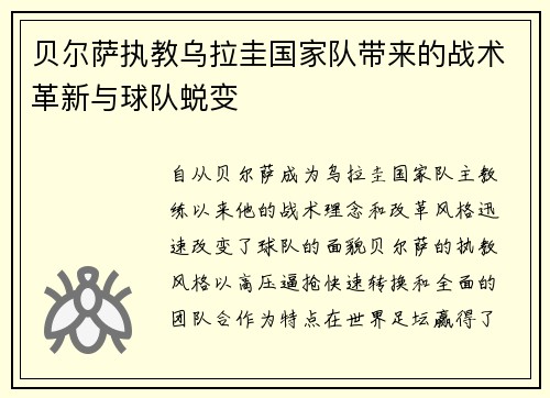 贝尔萨执教乌拉圭国家队带来的战术革新与球队蜕变 贝尔萨执教乌拉圭国家队带来的战术革新与球队蜕变